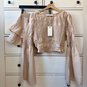 Endless Rose 2 Piece Set Smocked Waist Ruffle Skort Bell Sleeve Top L NWT Beige